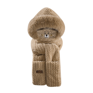 毛绒小熊帽子围巾手套一体女冬季防寒连帽三件套保暖防风围脖口罩