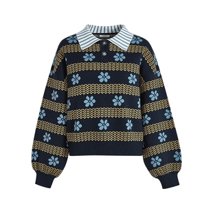 阔色假两件条纹毛衣内搭女2025秋冬新款复古polo领针织衫上衣短