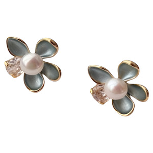 天然淡水珍珠耳钉莫兰迪花朵精致锆石耳环新款小众高级设计感耳饰