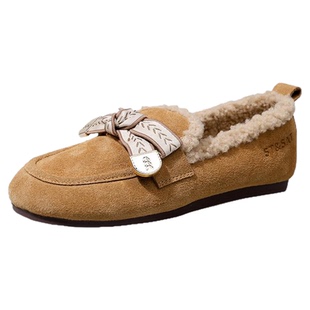 星期六复古真皮加绒毛毛单鞋女冬季新款舒适软底勃肯鞋保暖豆豆鞋