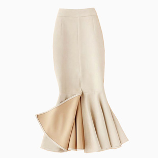 白色鱼尾半身裙女秋冬包臀中长款高腰冬季裙子麂皮绒包裙米色长裙