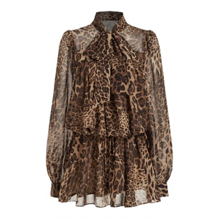 CIDER雪纺豹纹翻领荷叶边宽松迷你连衣裙115041050