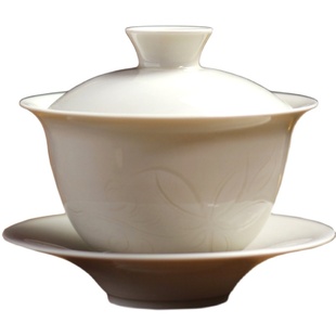 定窑曲阳原产地陶瓷茶具盖碗手工高温白定瓷剔花玉兰三才盖碗套组