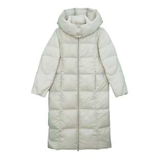 米白色长款双拉链羽绒服大衣女韩版休闲风宽松通勤加厚大帽子外套