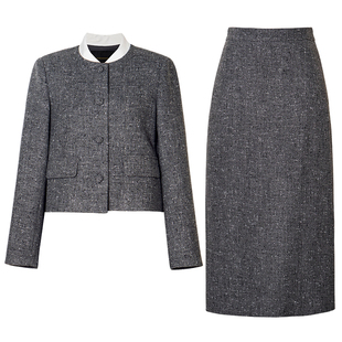 罗衣高级感职业套装女冬季灰色通勤短外套直筒半身裙两件套13041