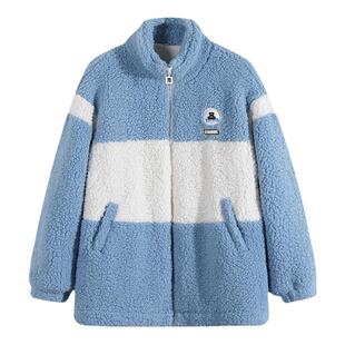 摇粒绒外套少女初中生冬季撞色新品款高中学生加厚羊羔毛绒大衣