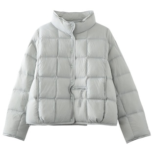 文艺范立领90白鸭绒轻薄羽绒服女单排扣时尚方块减龄保暖短款外套