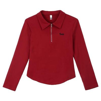 新品POLO领长袖T恤女士春秋装半拉链设计感小个子穿搭修身上衣