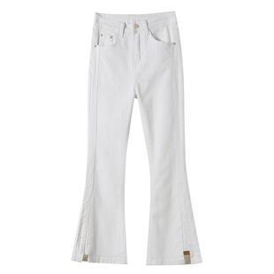 微喇牛仔裤女春夏新款2026高腰显瘦八分小个子米白色九分喇叭裤子