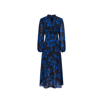 BCBG25秋新款设计感简约优雅褶饰镂空V领中长款花卉印花连衣裙女