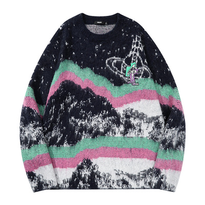 GENANX闪电潮牌马海毛星球纹撞色2026春新款慵懒风毛衣针织衫宽松