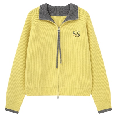 Basic House/百家好双拉链翻领卡通刺绣针织开衫女冬通勤减龄毛衣