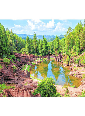 青山绿水聚宝盆风景画现代横款石林湖泊自然风光客厅装饰挂画