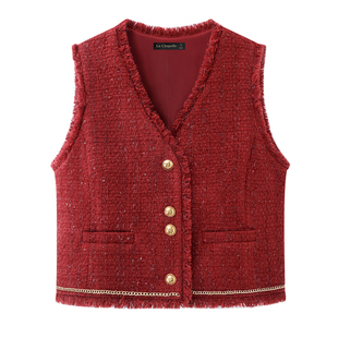 拉夏贝尔/La Chapelle红色小香风马甲女2025春季新款背心外套上衣