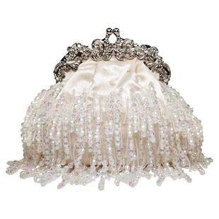 串珠流苏口金包名媛淑女旗袍包珍珠链条缎面小包包高级感斜挎软包