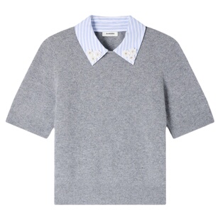 SANDRO2026夏季新款女装法式假两件蓝白条纹衬衫领绵羊毛针织衫