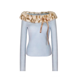 GirlyFancyClub复古甜心系列*baby蓝暖绒针织豹纹毛领一字肩上衣