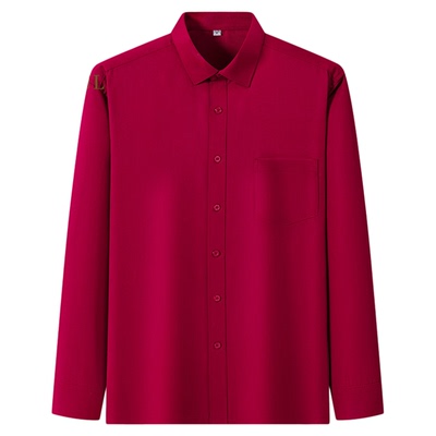 保罗纯棉长袖衬衫男中青年商务休闲纯色酒红免烫口袋全棉衬衣大码