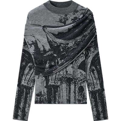 COMME MOI吕燕设计师女装两件式提花绵羊毛针织衫灰色上衣打底衫