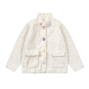 TUDOU土豆猫甜美白色羊羔毛外套女宽松2025新款秋冬加绒棉衣棉服