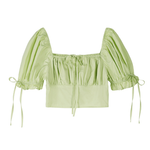 辰米范【现货6折】方领泡泡袖衬衫女夏季气质收腰短款上衣短袖