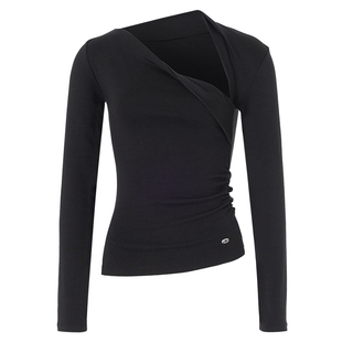 CRANK 25冬新款扭领褶皱修身不对称上衣百搭显瘦长袖T恤韩国代购