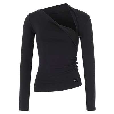 CRANK 25冬新款扭领褶皱修身不对称上衣百搭显瘦长袖T恤韩国代购