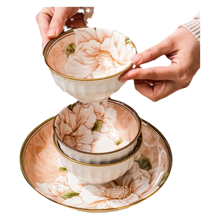 山茶花餐具陶瓷米饭碗家用2026新款碗盘套装双耳汤碗蒸鱼盘子