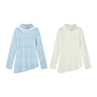 【北海之约】Uena不规则斜边下摆圆领修身镂空毛针织衫女附发带