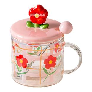 玻璃杯马克透明小带盖子配盖勺子的早餐杯子办公室女生高颜值水杯