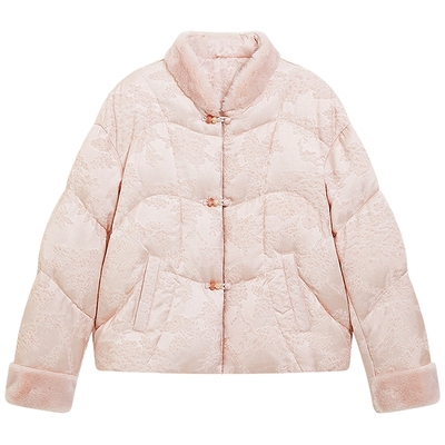 KBNE粉色提花短款国风白鸭绒羽绒服女装2026春装新款中式羽绒外套