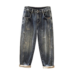 vintage古着牛仔裤 宽松直筒潮牌日系裤子秋季高街拼接男款阔腿裤