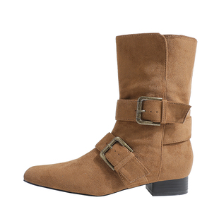 真皮~骄屿美拉德短靴女2025秋冬新款皮带扣西部牛仔靴尖头马丁靴