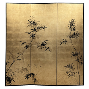 中古风手绘漆画竹子金箔屏风侘寂风茶室客厅沙发办公室背景折叠屏