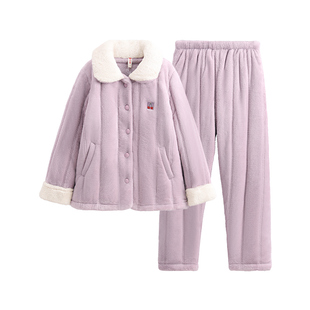 芬腾女士睡衣冬季珊瑚绒夹棉袄三层加厚套装女款抗静电加绒家居服