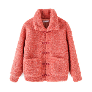 2025秋冬中国风毛呢外套女短款中式盘扣橘粉旗袍年轻少女唐装上衣