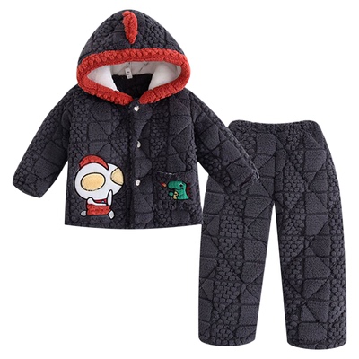 儿童三层加绒睡衣男孩凹凸曼连帽睡衣冬加厚款男童保暖家居服套装