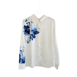 法式低调知性学术风渐变印花绸缎长袖衬衫2026设计感小众名媛衬衣