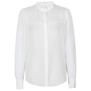 XG雪歌白色桑蚕丝通勤衬衫时尚秋季新款花边领钉珠装饰长袖上衣女