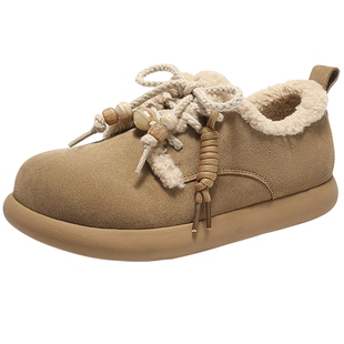 森达面包工坊牛皮毛毛鞋女25冬季新款舒适保暖毛绒户外雪地靴棉鞋