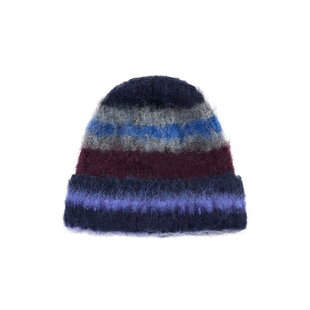 GOODBAI 撞色横条纹翻折圆顶长毛针织帽