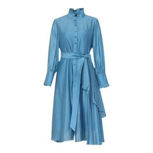 IDPAN长袖连衣裙女新款时尚修身显瘦拼接荷叶边裙摆蓝色连身裙