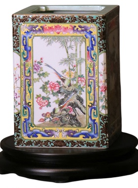 钟家窑手绘花鸟四方瓶