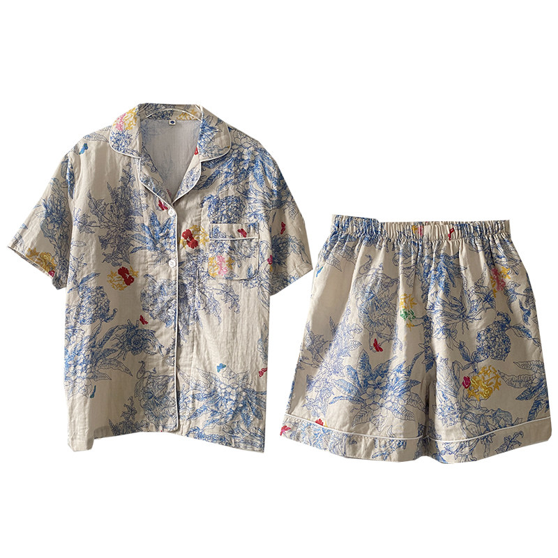 莫奈花园睡衣女款夏季2024年新款纯棉短袖短裤薄款棉纱家居服套装