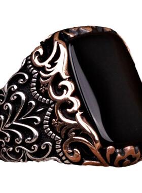 雕花戒指纯银黑色玛瑙复古中性