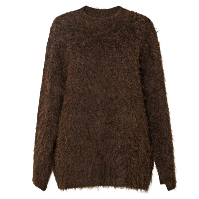 罗衣简约咖色绵羊毛圆领针织衫