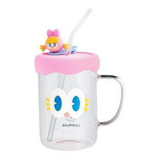 乐扣乐扣玻璃杯水杯吸管杯带盖卡通可爱杯子泡茶杯女高硼硅带把手