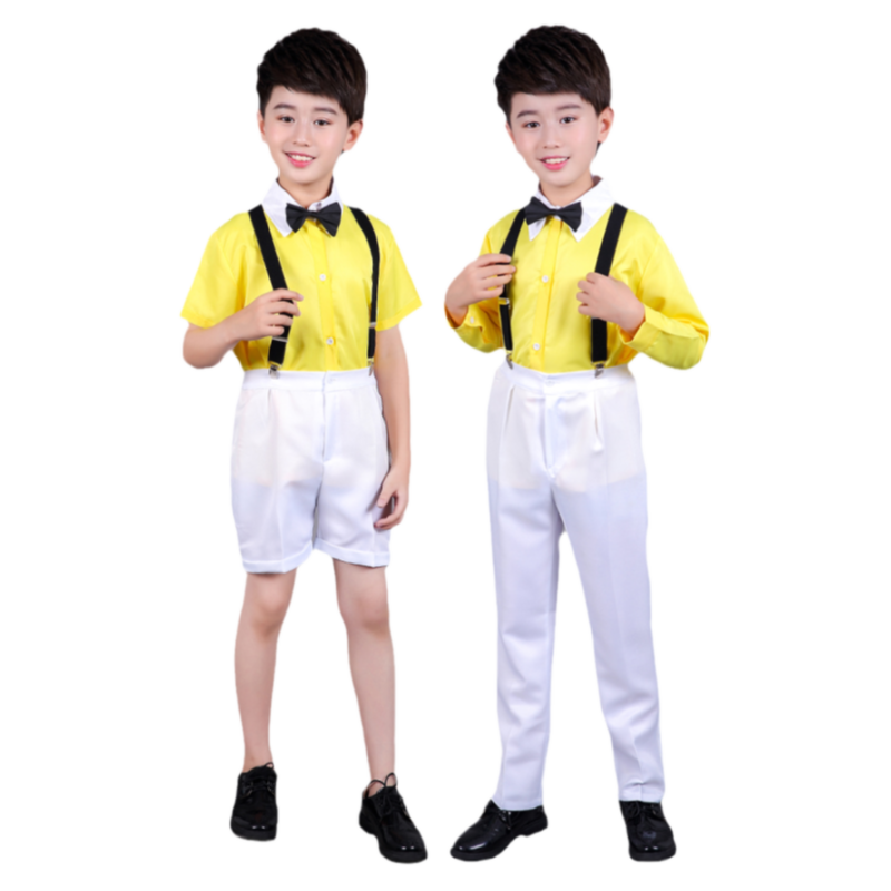 包邮 男童衬衫短袖白衬衣黑色短裤背带套装 学生六一儿童演出服
