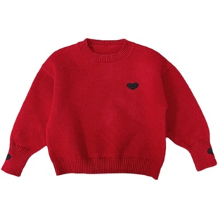 红色爱心亲子装毛衣一家三口2025年春秋新品过年母子母女洋气上衣