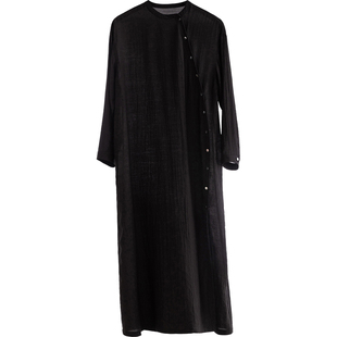 新中式简约风黑色连衣裙连身裙女长袖宽松通勤松弛感斜襟纽扣长裙